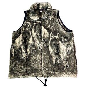 Mazmania Zip Up Vest Womens Sz L Fleece Wolf Wolves All Over Print USA Vtg Soft